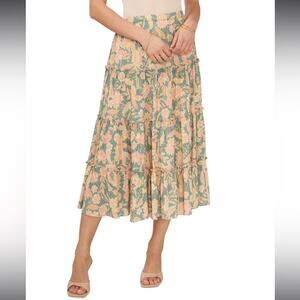 NEW 1.State Women's Floral Print Ruffle Trim Midi Skirt in Green Milieu Size 3X